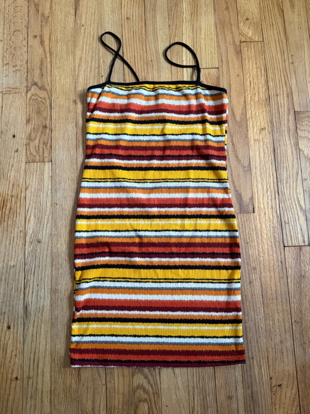 Striped Ribbed Spaghetti Strap Dress - Yellow, Rust, White, Black